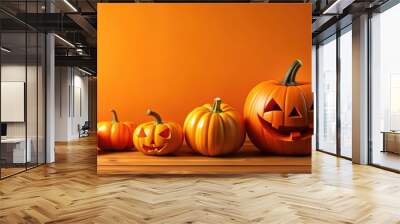 of happy Halloween with Jack-o-Lantern pumpkins on orange background, Halloween, happy, Jack-o-Lantern, pumpkins, orange Wall mural