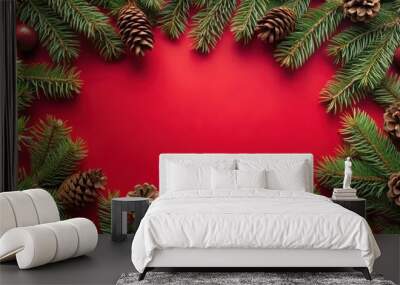 Red Christmas background framed with pine leaves, Christmas, background, red, pine leaves, holiday, festive, decoration Wall mural