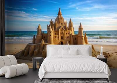 Sand sculpture castle on the beach , sand, sculpture, castle, beach,art, summer, creativity, sandcastle, shore, ocean Wall mural