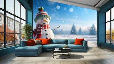 Snowman standing in a snowy landscape , winter, snow, cold, Christmas, hat, carrot, cheerful, holiday, frosty, outdoor, seasonal Wall mural