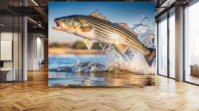 Striped bass leaping out of the water , striped bass, jumping, water, realistic, isolated, wildlife, fish, marine, nature Wall mural