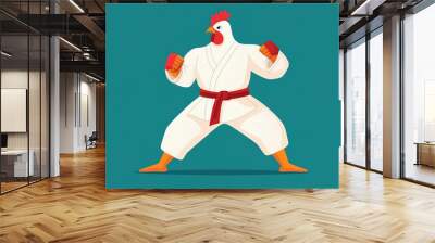 A cartoon chicken dressed in a karate gi, showcasing a dynamic fighting stance with red gloves on a vibrant teal background, perfect for whimsical illustrations. Wall mural