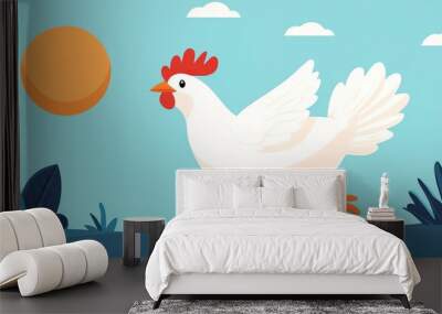 A cheerful white chicken leaps joyfully in a vibrant blue landscape, with green foliage and a bright orange sun in the background, embodying a sense of freedom and playfulness. Wall mural