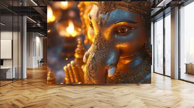 A close-up of a radiant golden Ganesha statue illuminated by soft glowing lights Wall mural