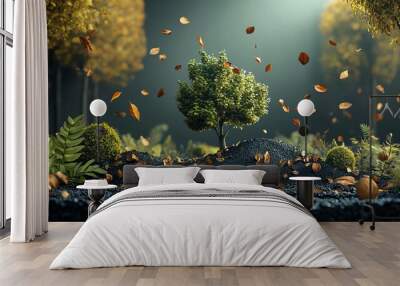 A lone tree stands in a forest with leaves falling around it. Wall mural