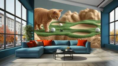 A playful cat with an orange coat engages with a mini-golf course, focusing on a black golf ball. The whimsical scene captures the charm of cats and leisure activities. Wall mural