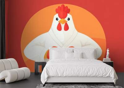 A playful illustration of a chicken dressed in a karate gi, ready for action. The vibrant red background adds energy to this fun and whimsical character. Wall mural