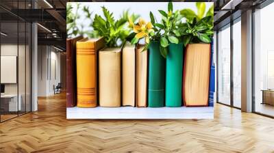 A row of colorful vintage books with green plants and a yellow flower on a white background. Wall mural