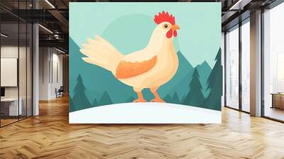 A stylized illustration of a chicken standing in a snowy landscape, surrounded by evergreen trees and mountains under a soft, pastel sky. Wall mural