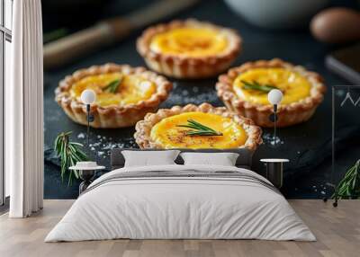 Artisanal Egg Tarts on Dark Slate Plate with Rich Custard Filling Wall mural