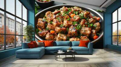 Close-up of a plate of grilled meat cubes with herbs and vegetables. Wall mural