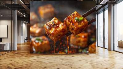 Close-up of crispy tofu cubes glazed with a spicy sauce, being lifted with chopsticks. Wall mural