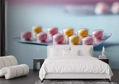 Closeup of pink and blue pills in blister pack on blue background. Wall mural