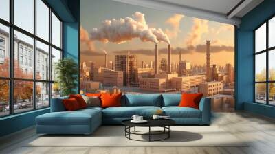 Large industrial factory at sunset, smokestacks emitting white smoke, dramatic sky, industrial factory smoke, energy production, pollution, industry Wall mural