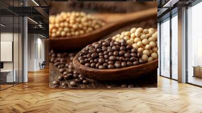 Rustic Wooden Spoon Filled with Aromatic Coffee Beans and Soybeans for Culinary Wall mural