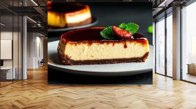 Sliced burnt cheesecake with a rich, jiggly center and caramelized top, served on a white plate with a minimalist background, Basque cheesecake, elegant dessert concept Wall mural