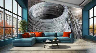 Stainless Steel wire Rolls in construction site.Closeup of Metal Steel reinforced rod for concrete in store.Construction Concept. Wall mural