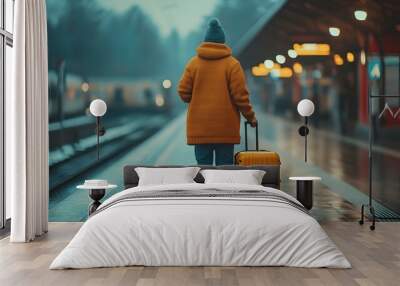 Traveler Holding Suitcase at Train Station Ready for New Adventure Wall mural