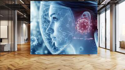 Woman with medical symbol shield, fighting off HPV virus, 3D illustration Wall mural