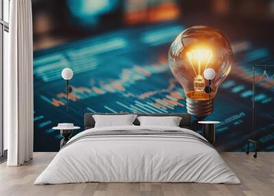 A glowing light bulb sits on a digital stock market background with colorful graphs and charts, representing innovation and financial insight Wall mural