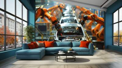 Automobile assembly line production with robotic arms in a car factory setting. Wall mural