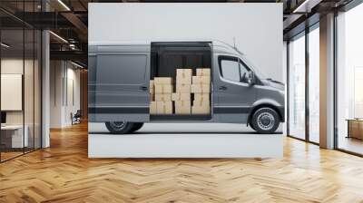 Delivery van with cardboard boxes in the background Wall mural