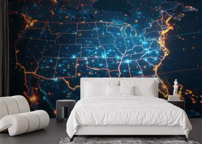 Digital map of the United States with glowing city lights and data connections, symbolizing national digitalization and innovation in technology and online business Wall mural