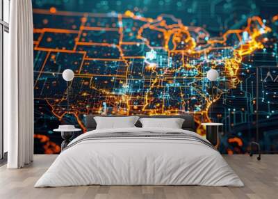 Digital map of the United States with glowing city lights and data connections, symbolizing national digitalization and innovation in technology and online business Wall mural