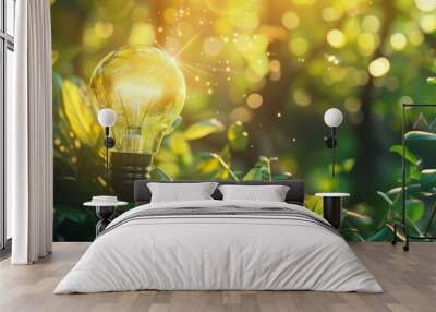 Eco-Friendly Energy Concept with Glowing Light Bulb and Leaves Wall mural