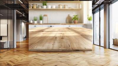 Empty wooden table top with blurred kitchen interior background for product display montage Wall mural