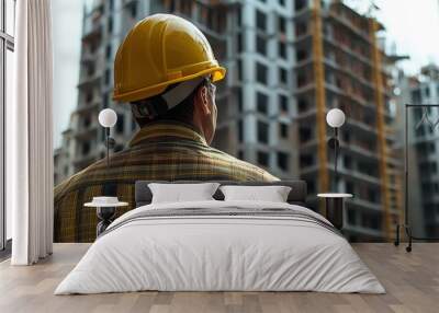 Engineer builder wearing a helmet and holding blueprints at a construction site Wall mural