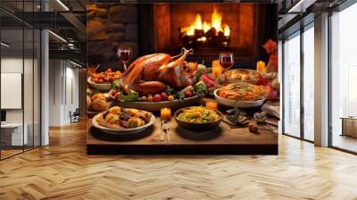 Festive holiday dinner with a delicious Thanksgiving turkey on the table Wall mural