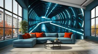 Futuristic cyber tunnel illuminated with glowing lights and data flow Wall mural