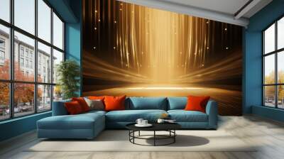 Golden confetti rain on festive stage with light beam in the middle, empty room at night mockup Wall mural