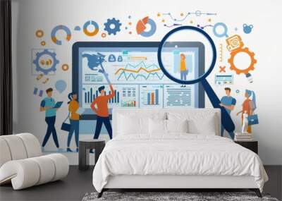 Illustration of digital marketing and sales, website traffic growth with magnifying glass on computer screen showing graphs and icons representing global online market place for advertising Wall mural