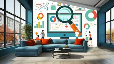 Illustration of digital marketing and sales, website traffic growth with magnifying glass on computer screen showing graphs and icons representing global online market place for advertising Wall mural