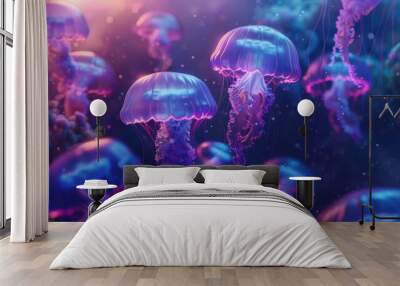 Jellyfish swimming underwater. Close-up shot with bokeh effect. Wall mural