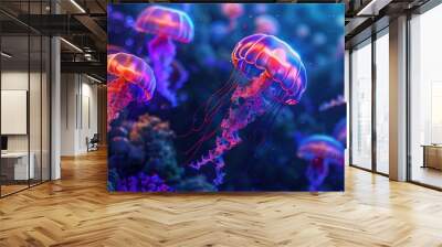 Jellyfish swimming underwater. Close-up shot with bokeh effect. Wall mural