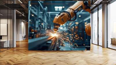 Metal being welded by a robotic arm with sparks flying in an industrial environment Wall mural