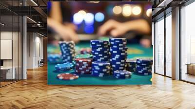 On a green table, casino gambling chips with a bokeh background Wall mural