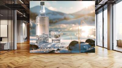 Snow-covered clear alcoholic beverages with a decanter in a winter ice vodka setting, horizontal format with space for text, for a festive occasion Wall mural