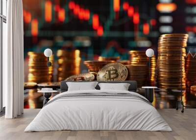 Stack of gold coins with a trading graph, symbolizing financial investment Wall mural