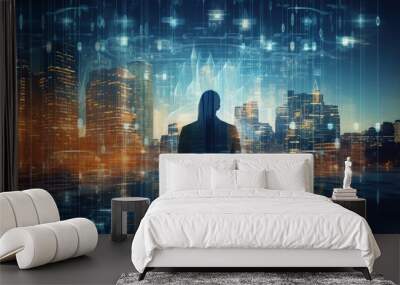 Woman interacting with a futuristic network, illustrating the blend of technology and business Wall mural