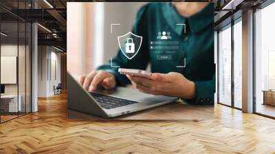 Cybersecurity and privacy concepts to protect data. Lock icon and internet network security technology. Businesswomen protecting personal data on smartphone virtual interfaces. Wall mural