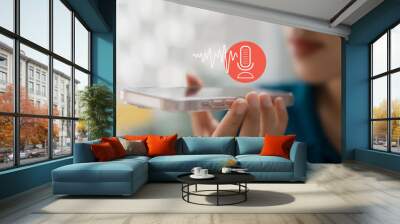 Modern Voice Recording, Hand Holding Microphone Icon on Smartphone Capture Sound Music and Voice Messages with this Voice Recording App. Use AI Enabled Internet Search for Easy Access to Information. Wall mural