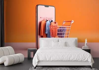 3d Smartphone with clothes shop.online shopping concept.Created with Generative AI technology. Wall mural