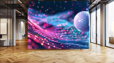 A golf ball amidst abstract neon waves and lights, creating a dynamic and futuristic sports visualization. High-resolution stock photo. Wall mural