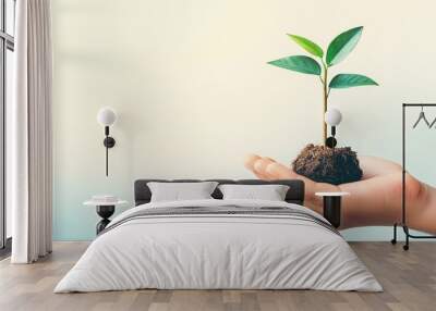 A hand holding a small green plant with delicate leaves, resting on a mound of soil, symbolizing growth and new beginnings against a soft, light background. Wall mural