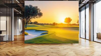 A serene golf course landscape at sunset, featuring lush greens and tranquil water, perfect for relaxation and outdoor activities. Wall mural