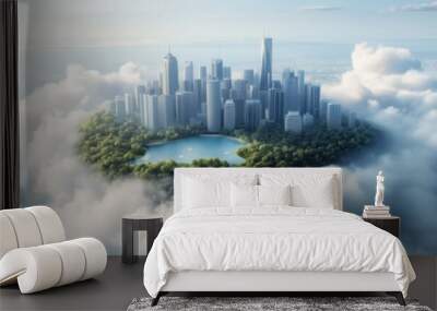 A stunning aerial view of a futuristic city nestled among clouds, showcasing nature's harmony with urban architecture. Wall mural